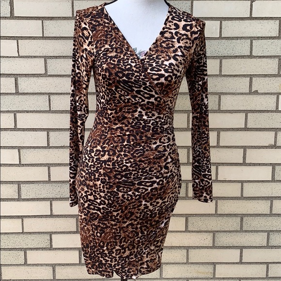 ❌DONATED❌Brown Leopard Animal Print Side Ruching Long Sleeve Dress - Picture 4 of 9